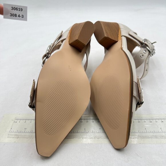 FSJ Beige Pointed Toe Metal Buckle Hollow Out Leather Strappy Wedge Heel Sandal - Picture 7 of 8